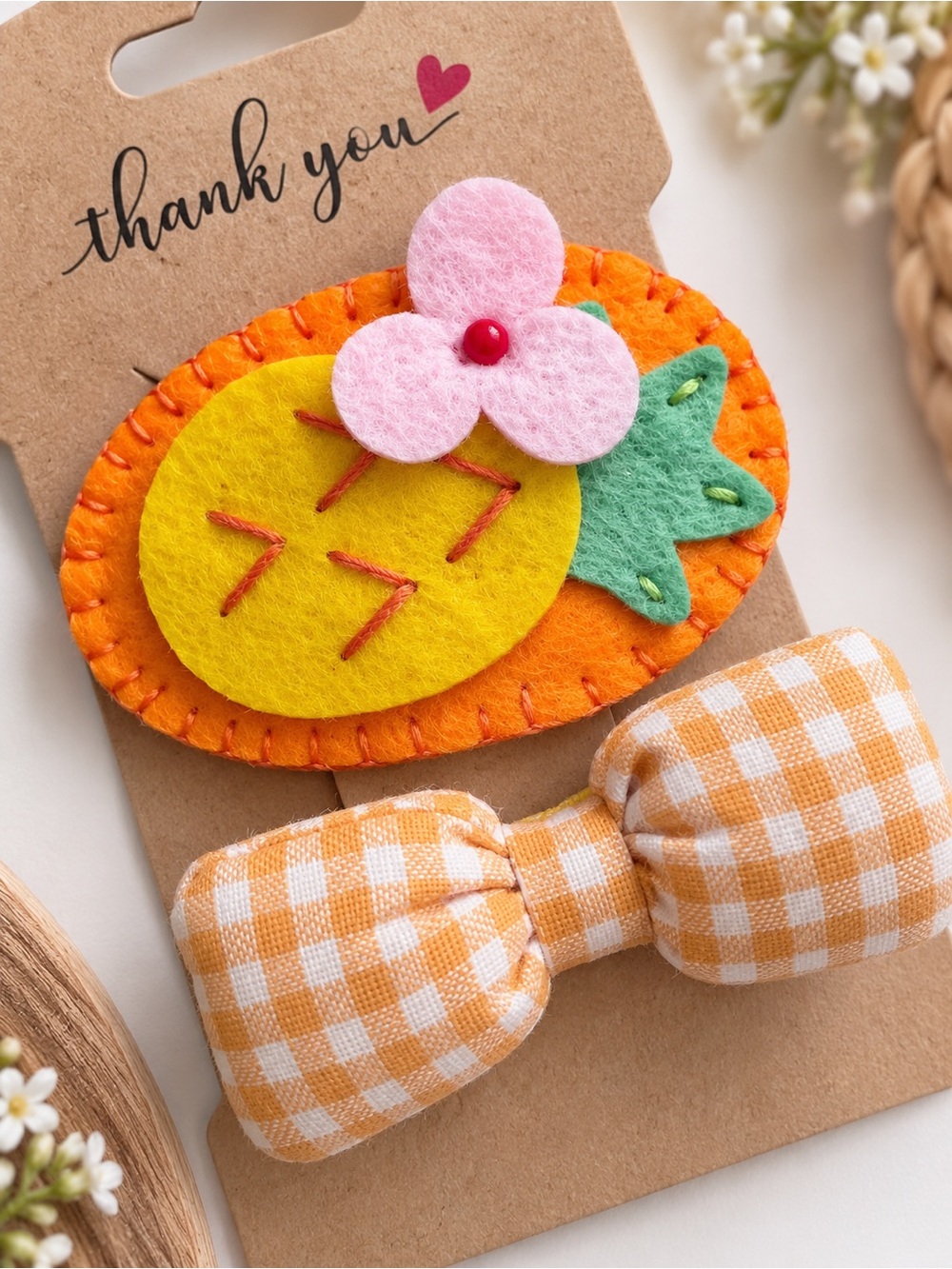 Pineapple Hair Clip Set for Girls Orange Gingham Bow & Felt Pineapple Clip - Picture 4 of 7